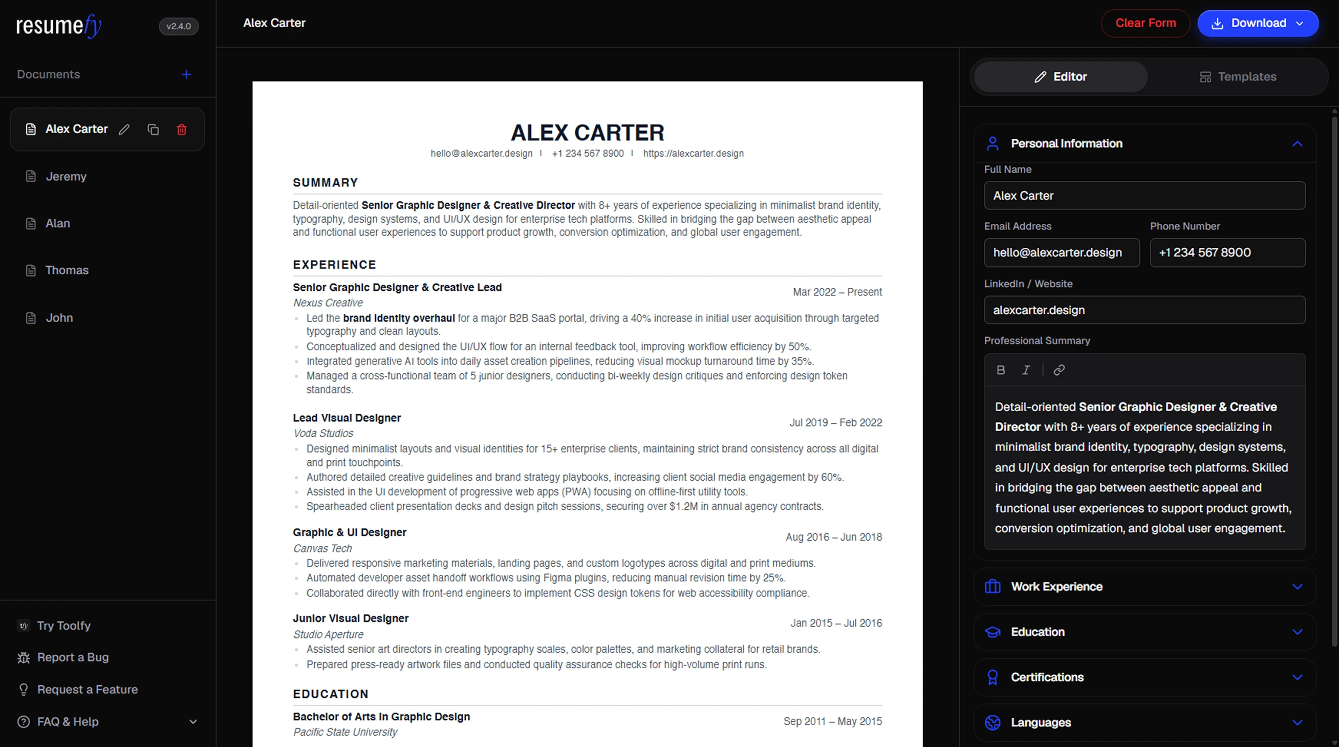 Resumefy Interface Dark Mode