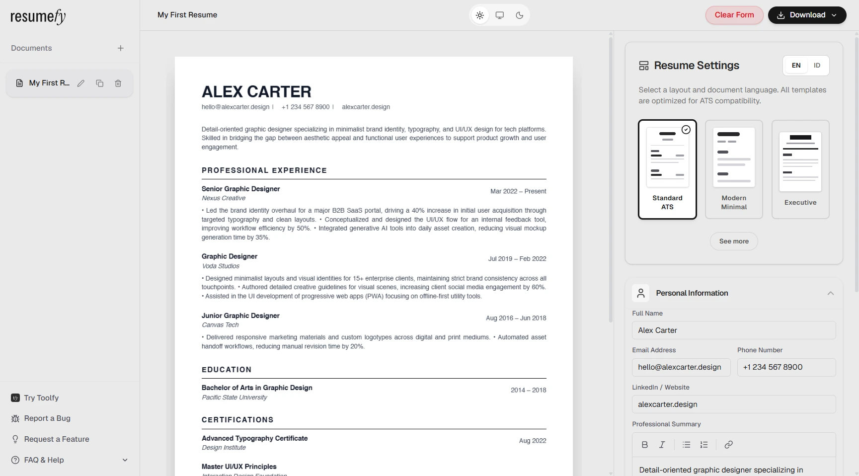 Resumefy Interface Light Mode